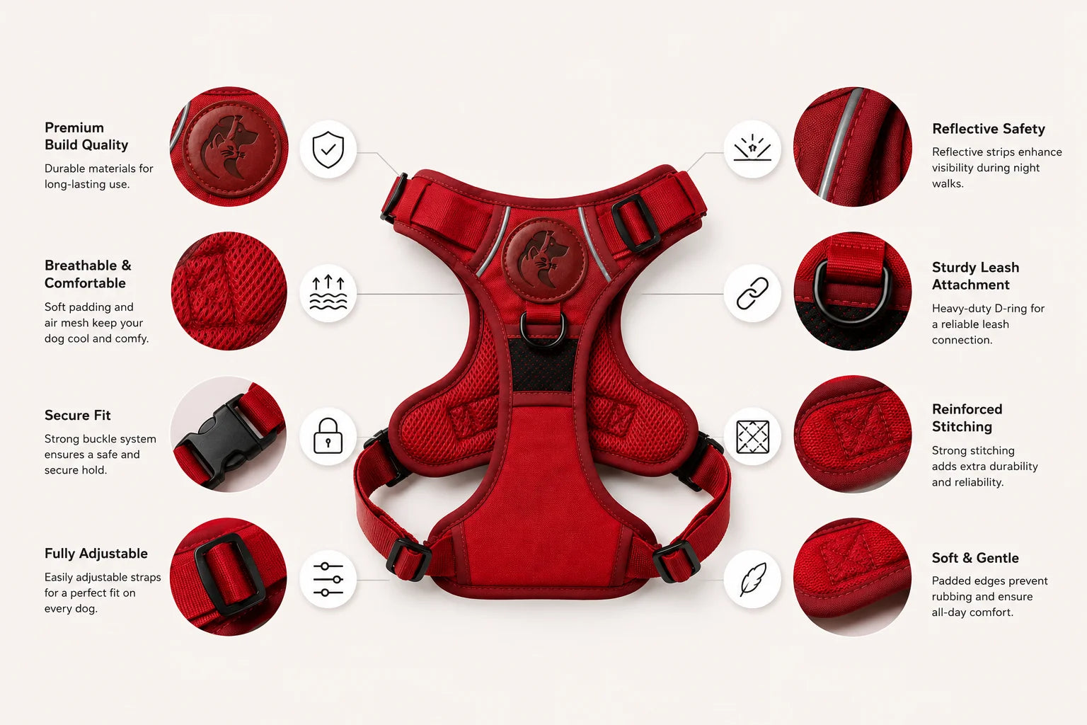 Red dog harness with adjustable straps and buckles for secure fit and comfort