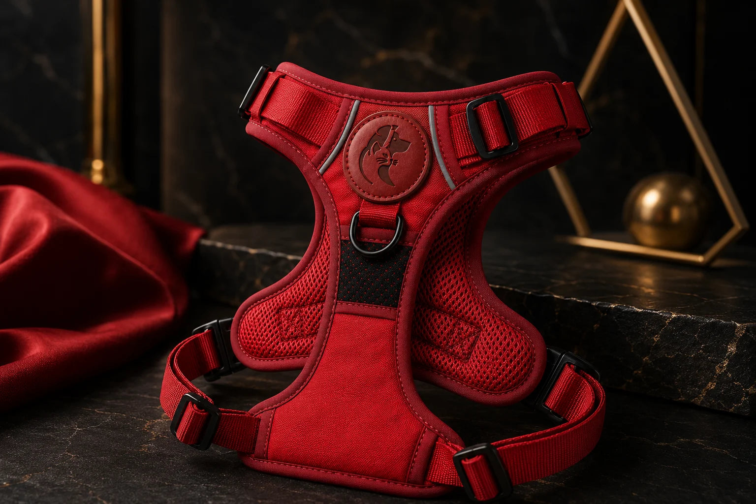 Red dog harness with adjustable straps and logo on a dark marble surface with gold decor