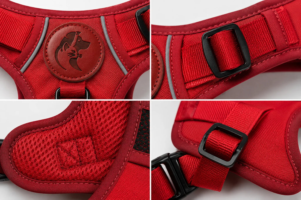 Red dog harness with black buckles and dog logo close-up collage