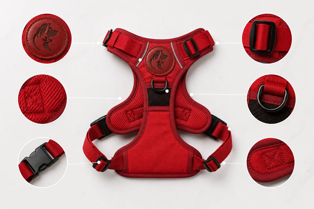 Red dog harness with black buckles and logo, adjustable straps and close-up views