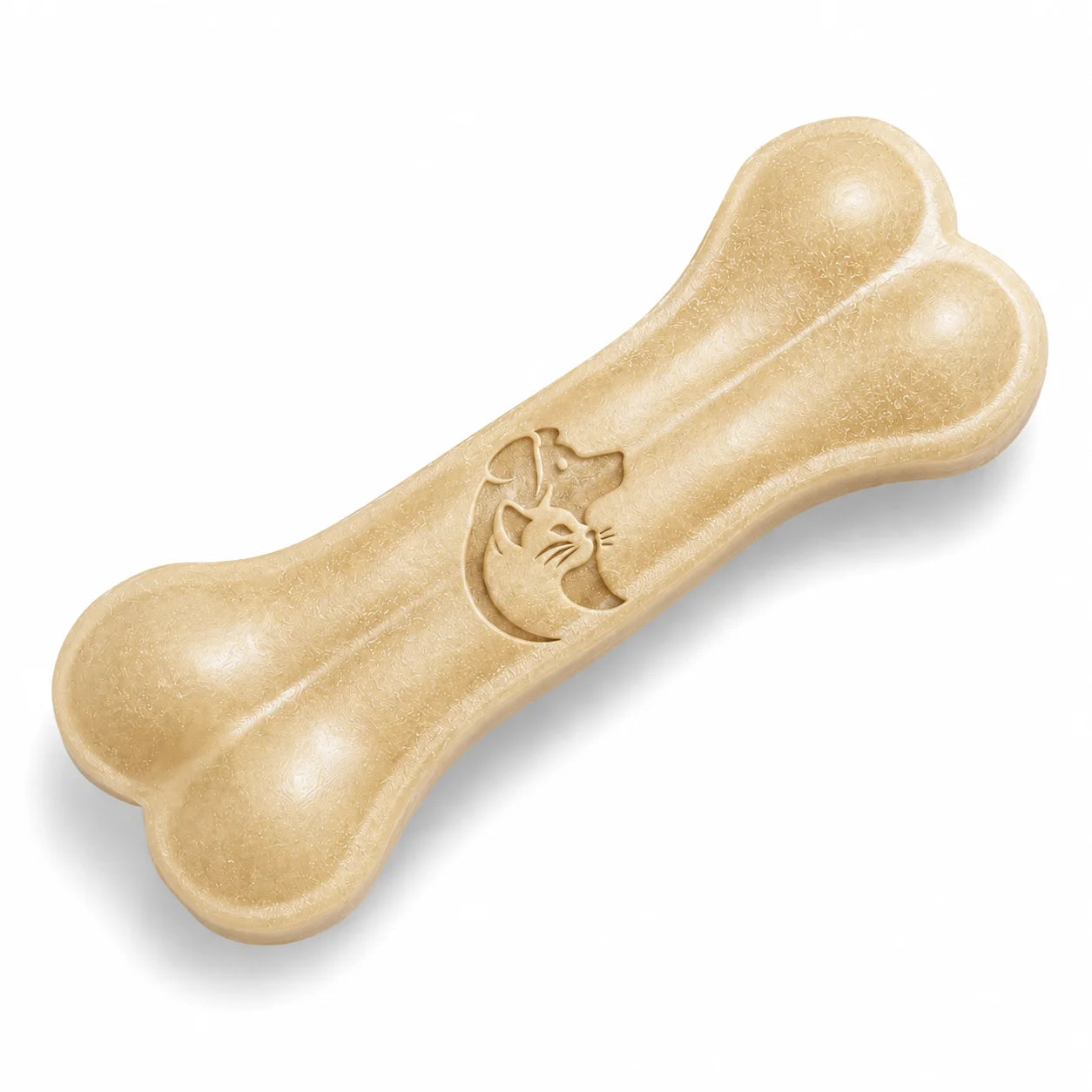 A tan-colored dog chew toy in the shape of a bone with a dog logo on it
