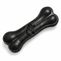 Black rubber dog bone chew toy with embossed dog face on white background
