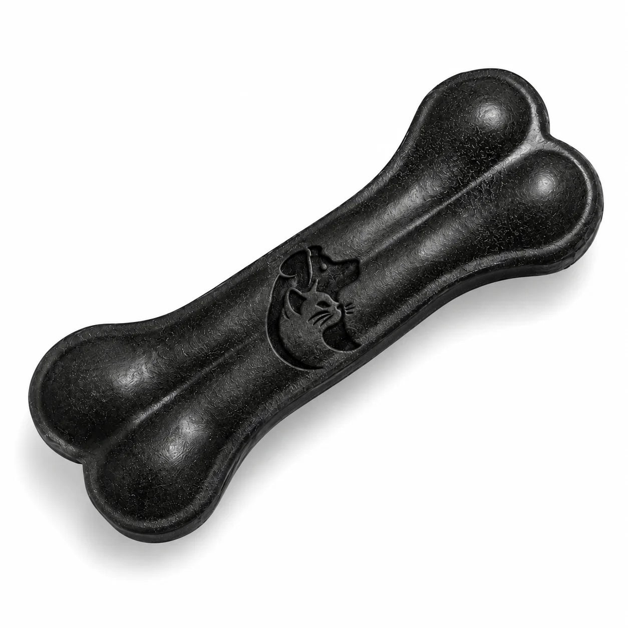 Black rubber dog bone chew toy with embossed dog face on white background