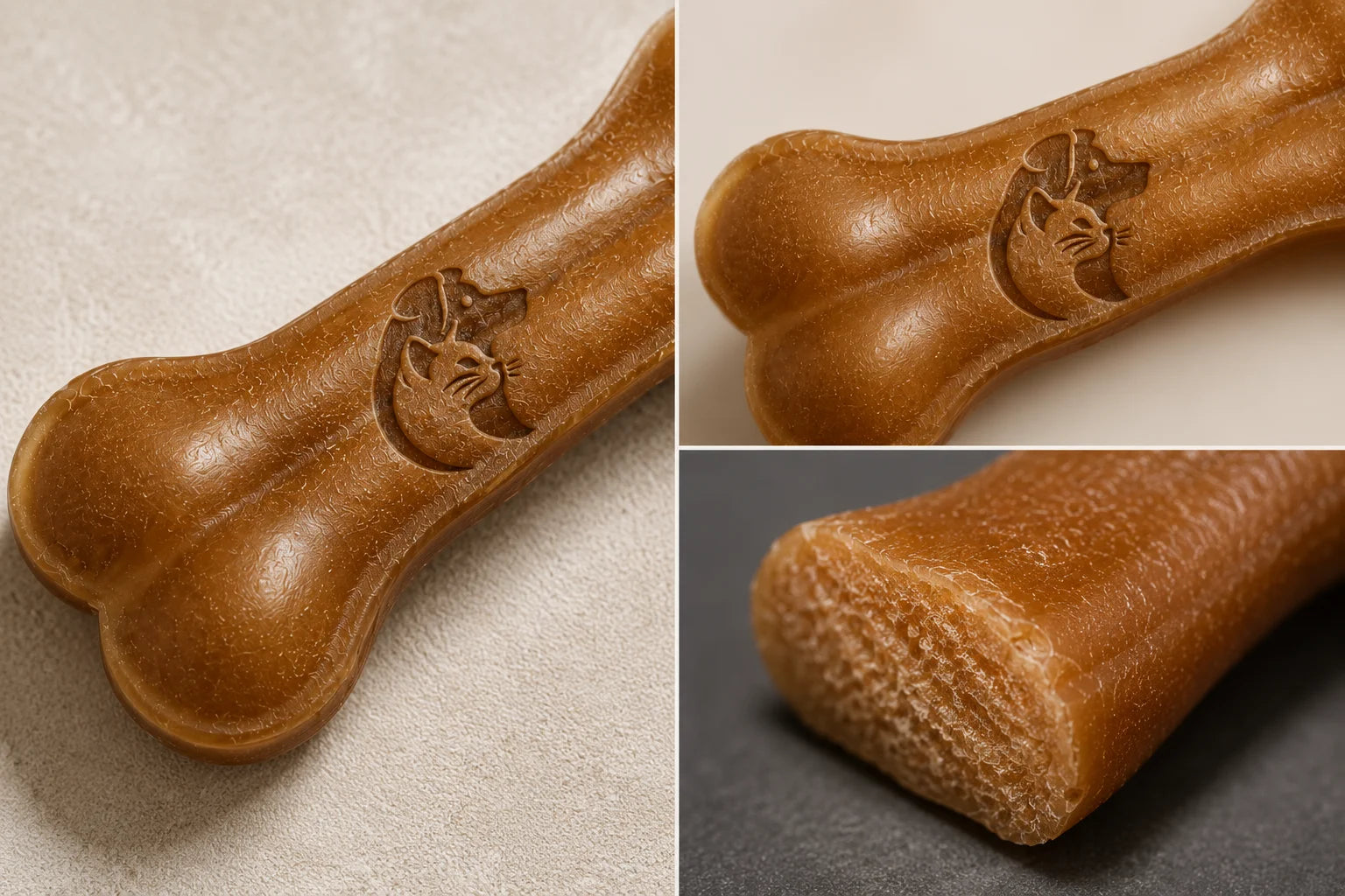 Brown dog chew toy bone with cat and mouse embossing on a beige background collage