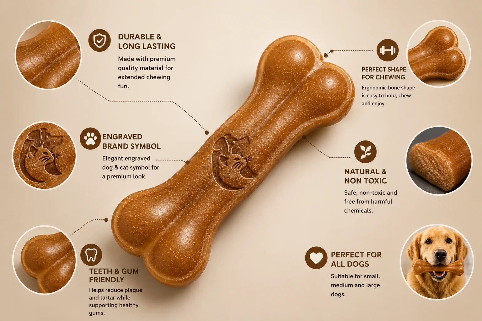 Brown dog chew toy bone with engraved brand symbol and text