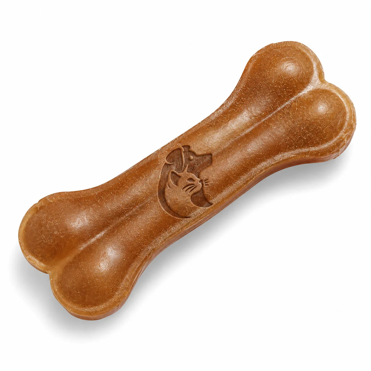 Brown rubber dog bone chew toy with embossed dog face on white background