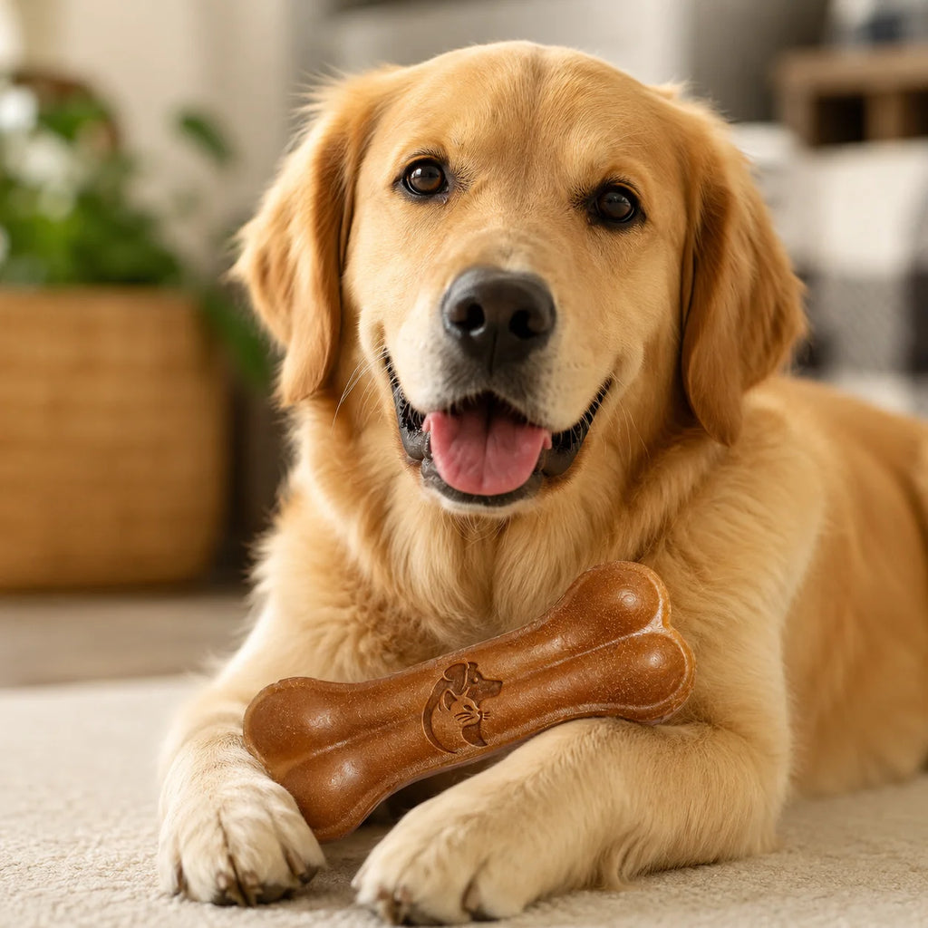 Golden retriever dog lying on carpet with brown rubber chew bone