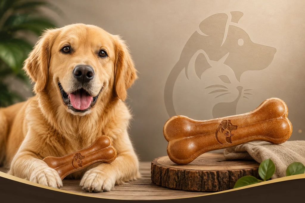 Golden retriever dog lying with two brown dog chew bones on wooden table indoors