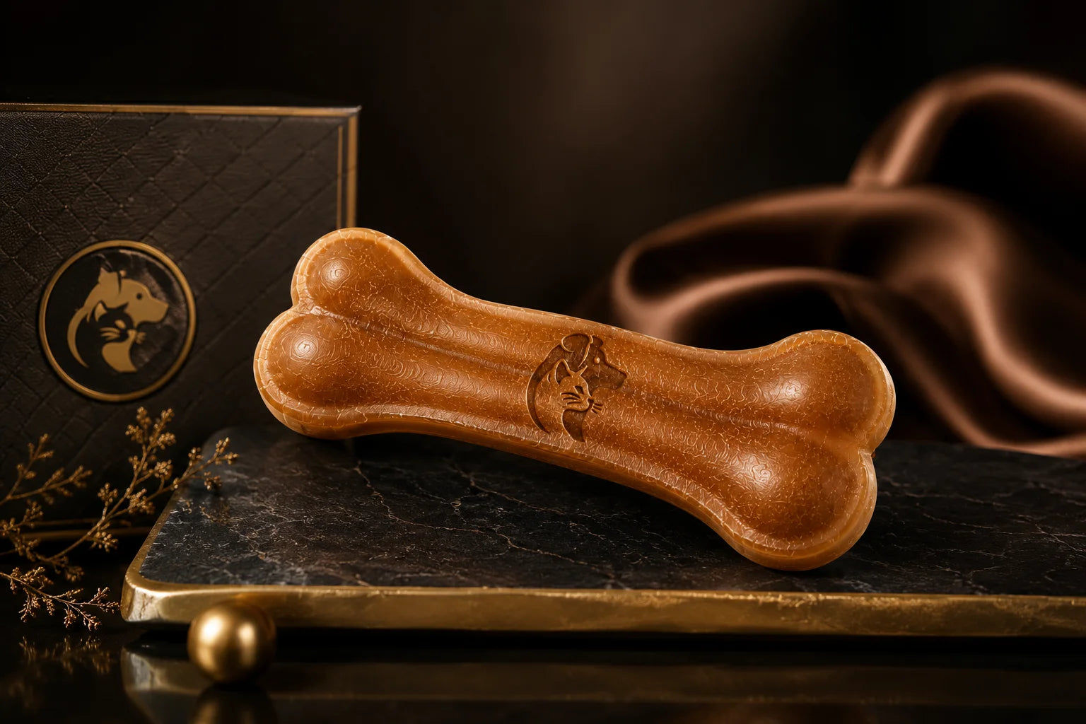 Luxurious dog chew bone on black marble with gold accents and packaging