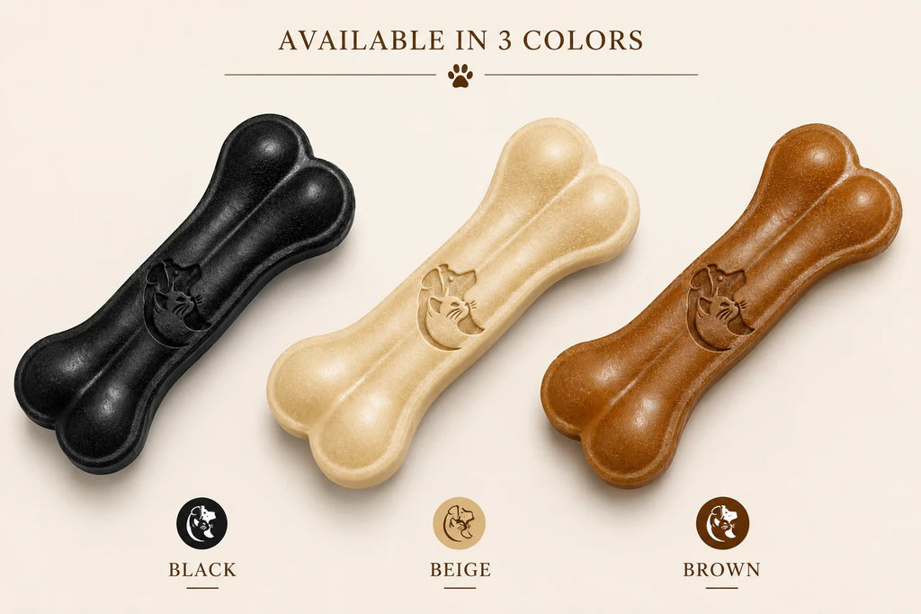 Three colored dog chew bones in black, beige, and brown with dog logo