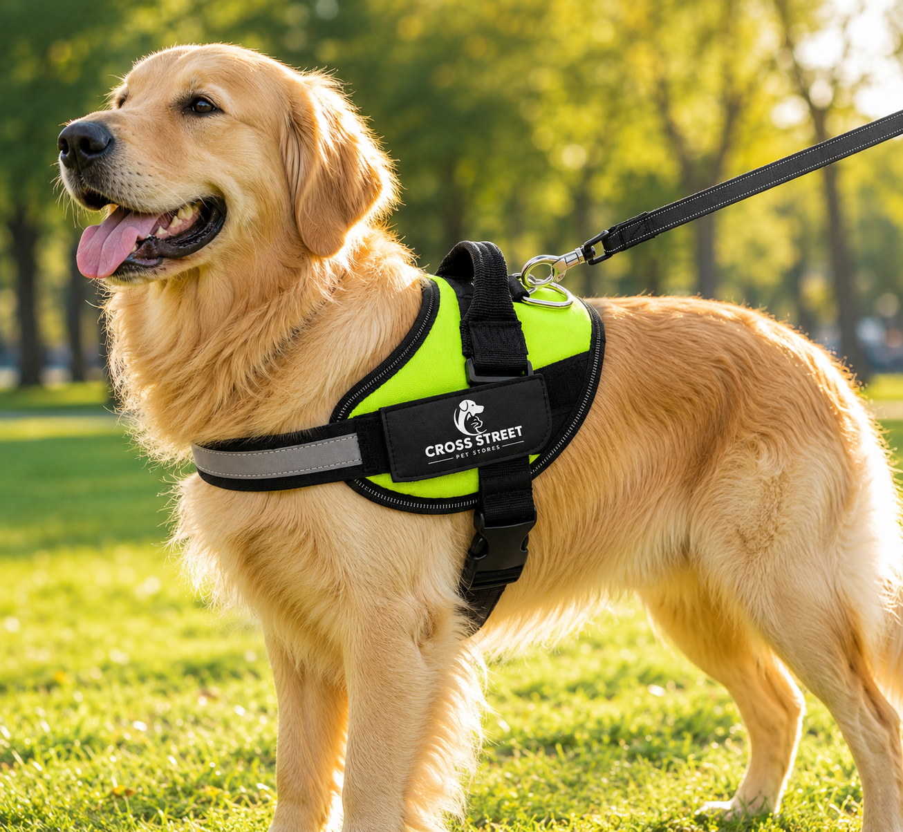 goldenretrieverdogwearingneongreenharnessandleashinaparkwithtrees.png goldenretrieverdogwearingneongreenharnessandleashinaparkwithtrees.png