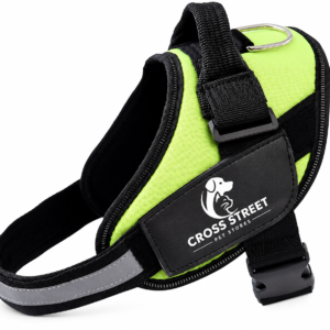 vibrantneongreendogharnesswithblackstrapsandcrossstreetpetstorelogo.png